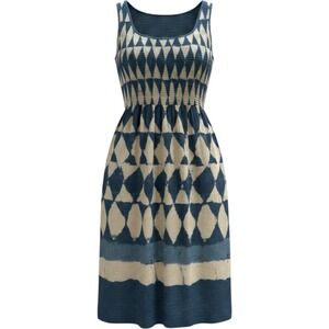 Maeve Anthropologie Blue White Diamond Shibori Smocked Midi Dress Pockets Size 0